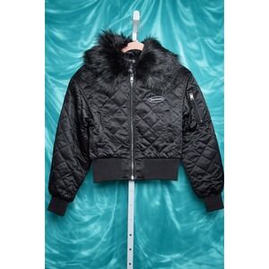 Juicy Couture Black Quilted Bomber Jacket Faux Fur Collar XS NWT Y2K Revival